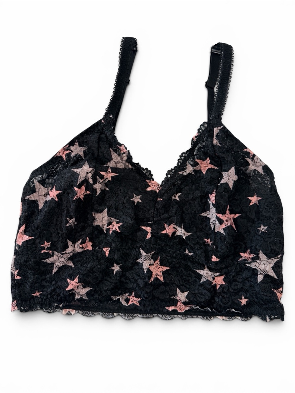 Torrid Black Lace Bralette with Pink Star Pattern Women’s size 0 or Large